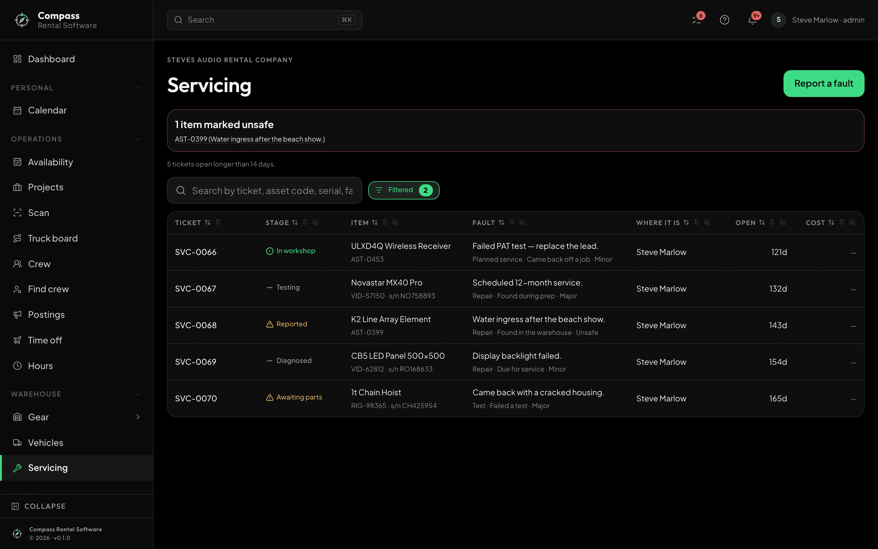 Compass — the servicing screen